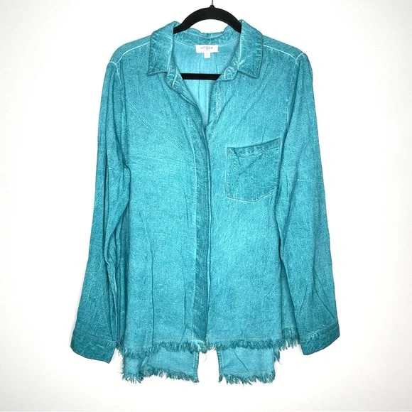 Umgee Button Down Linen Boyfriend Shirt Frayed Hem Mineral Wash Teal Blue Size M - Picture 1 of 5